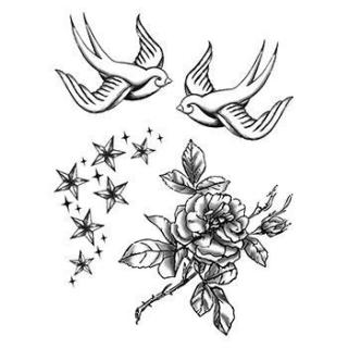 Vlaštovky, růže a hvězdičky - nalepovací tetování