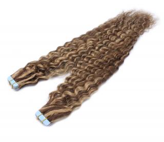 Kudrnaté vlasové pásky Tape in 50 cm - tmavý melír