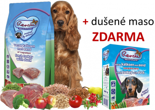 RENSKE HOLISTIC DOG KRŮTA-KACHNA 12kg  + DUŠENÉ MASO V PÁŘE 395G  DÁREK ZDARMA