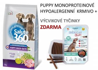 Salute dog puppy kachna+oves med/maxi 12Kg  + Španělky box - kachna 800g (cca70ks) ZDARMA