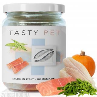 TASTY PET adult/puppy Zavařené maso treska, losos + dýně, hrášek- LIGHT