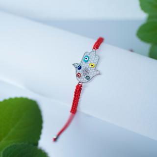 Pletený náramek macrame Hamsa Ruka Fatimy Nazar Silver - červený