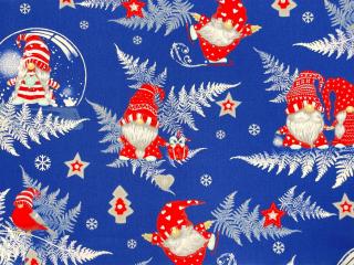 Plátno DOMESTINO 120/ 22296-7 Vánoční skřítek červený na modré - 160cm Zbytková metráž