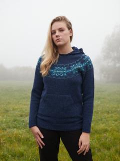 CHRISTORY| Dámský hoodie bezešvý svetr ze Shetlandské příze Barva: Indigo, Velikost: L