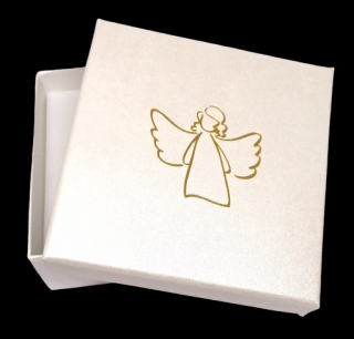 Dárková krabička s andělem, 8x8x2,5cm (béžovobílá, lesklá, elegantní)