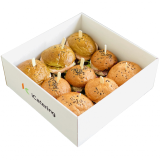 FIT Mini-burger iBoxík Varianta 1: 3x Kuřecí burger, 3x Vege burger, 3x Tuna burger (s tuňákem, vejcem, červenou cibulkou, rukolou)