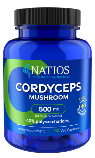 NATIOS Cordyceps Extract, 500 mg, 40% polysaccharides, (extra dobíječ energie) 90 veganských kapslí