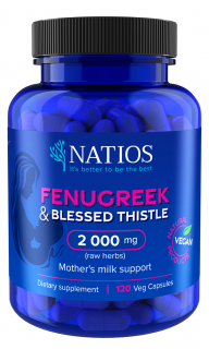 NATIOS Fenugreek & Blessed Thistle Extract, Pískavice & Benedikt, 2000 mg, (poporodní, podpora tvorby mateřského mléka) 120 veg. kapslí