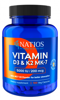 NATIOS Vitamin D3 & K2 (MenaQ7 MK-7), 5000 IU & 200 mcg, (zdravé kosti, imunita) 100 kapslí