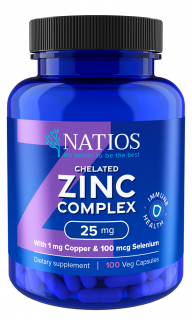 NATIOS Zinc Chelated Complex, Zinek, selen a měď, 25 mg, (antioxidant, metabolismus, imunita) 100 veganských kapslí