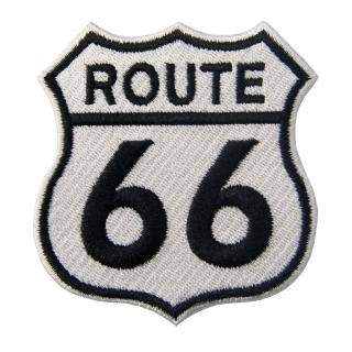 Nažehlovací nášivka  ROUTE 66. Rozměr:  6,4 x 6,9 cm