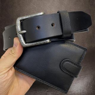 Pánský kožený set BEORIGINAL Leather černá kožená peněženka a kožený pásek s monogramem (ražba) (Přidáním monogramu dodáte punc originality. Poctivě ušito, kvalitní pravá kůže, dárkové balení. )