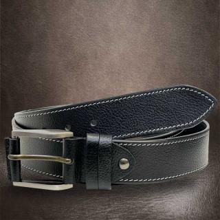 Pánský prošitý černý kožený pásek DOUBLE HUNTERS Leather s monogramem (ražba) lze zkrátit (Luxusní kožený pásek s ražbou vlastního monogramu dodá na exkluzivitě a vyjímečnosti.)