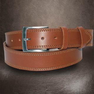 Pánský prošitý světle hnědý kožený pásek DOUBLE HUNTERS Leather s monogramem (ražba) lze zkrátit (Luxusní kožený pásek s ražbou vlastního monogramu dodá na exkluzivitě a vyjímečnosti.)