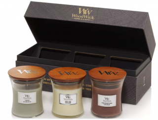 WoodWick - dárkový set Fireside,White Teak, Stone Washed Suede váza malá 3 ks