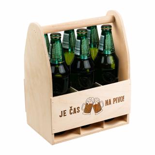 Dřevěný nosič na 6 piv JE ČAS NA PIVO - 32x26x16 cm, Přírodní