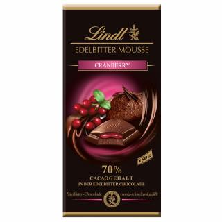 Lindt Edelbitter Hořká čokoláda plněná čokoládovou pěnou a brusinkovou náplní 150g