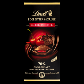 Lindt Edelbitter Hořká čokoláda plněná čokoládovou pěnou a višňovou a chilli náplní…