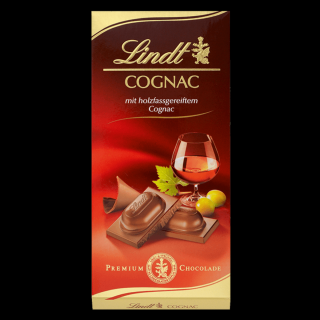 Mléčná čokoláda Lindt ALKOHOL s koňakovou náplní, 100g