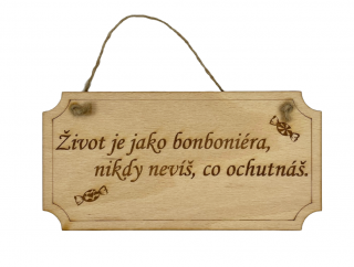 Život je jako bonboniéra, nikdy nevíš, co ochutnáš - dřevěná cedule 20 cm x 10 cm