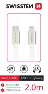 DATOVÝ KABEL SWISSTEN TEXTILE USB-C / LIGHTNING 2,0 M STŘÍBRNÝ