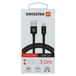 DATOVÝ KABEL SWISSTEN TEXTILE USB / USB-C 3,0 M ČERNÝ