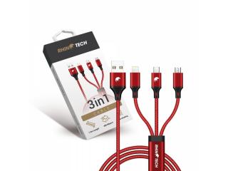 RhinoTech nabíjecí a datový kabel 3v1 USB-A (MicroUSB + Lightning + USB-C) 1,2m červená