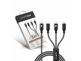 RhinoTech nabíjecí a datový kabel 3v1 USB-C (MicroUSB + Lightning + USB-C) 40W 1,2m černá