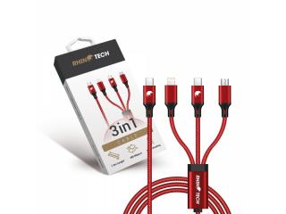 RhinoTech nabíjecí/datový kabel 3v1 USB-C (MicroUSB + Lightning + USB-C) 40W 1,2m červená