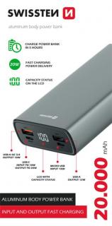 SWISSTEN ALUMINUM POWER BANK 20000 mAh 20W POWER DELIVERY GREY