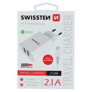 SWISSTEN SÍŤOVÝ ADAPTÉR SMART IC 2x USB 2,1A POWER + DATOVÝ KABEL USB/LIGHTNING 1,2 M BÍLÝ