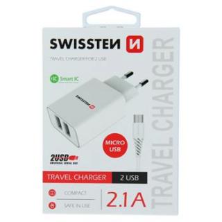 SWISSTEN SÍŤOVÝ ADAPTÉR SMART IC 2x USB 2,1A POWER + DATOVÝ KABEL USB/MICRO USB 1,2 M BÍLÝ