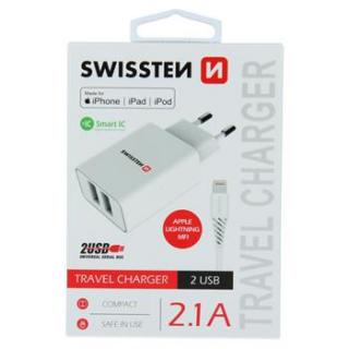 SWISSTEN SÍŤOVÝ ADAPTÉR SMART IC 2x USB 2,1A POWER + KABEL USB / LIGHTNING MFi, BÍLÝ