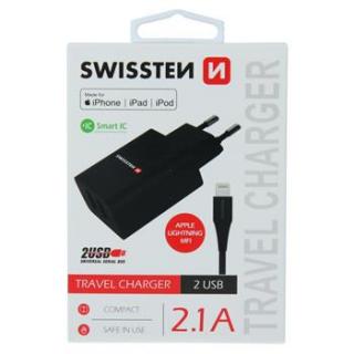 SWISSTEN SÍŤOVÝ ADAPTÉR SMART IC 2x USB 2,1A POWER + KABEL USB / LIGHTNING MFi, ČERNÝ