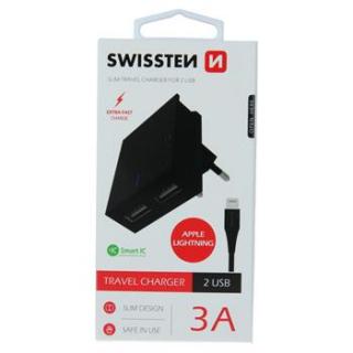 SWISSTEN SÍŤOVÝ ADAPTÉR SMART IC 2x USB 3A POWER + DATOVÝ KABEL USB/LIGHTNING 1,2 M ČERNÝ