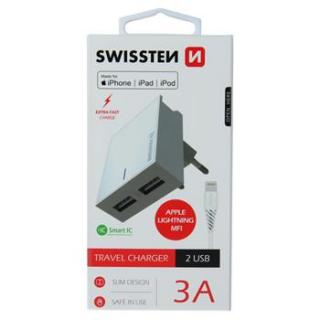 SWISSTEN SÍŤOVÝ ADAPTÉR SMART IC 2x USB 3A POWER + DATOVÝ KABEL USB / LIGHTNING MFi, BÍLÝ