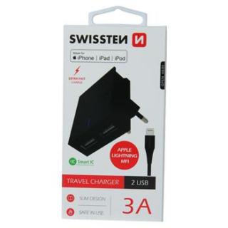 SWISSTEN SÍŤOVÝ ADAPTÉR SMART IC 2x USB 3A POWER + DATOVÝ KABEL USB / LIGHTNING MFi, ČERNÝ