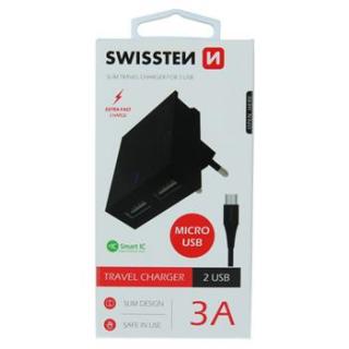 SWISSTEN SÍŤOVÝ ADAPTÉR SMART IC 2x USB 3A POWER + DATOVÝ KABEL USB/MICRO USB 1,2 M ČERNÝ