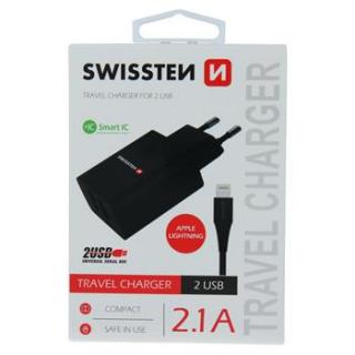 SWISSTEN SÍŤOVÝ ADAPTÉR SMART IC 2xUSB 2,1A POWER + DATOVÝ KABEL USB/LIGHTNING 1,2 M ČERNÝ