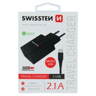 SWISSTEN SÍŤOVÝ ADAPTÉR SMART IC 2xUSB 2,1A POWER + DATOVÝ KABEL USB/MICRO USB 1,2 M ČERNÝ