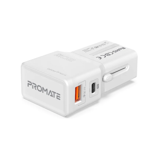 PROMATE TriPlug-PD20 univerzální cestovní nabíječka se zásuvkou a USB-C a USB-A, PD/QC, 20 W, bílá