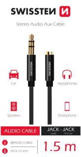 SWISSTEN audio adaptér 3,5 mm JACK samec/samice, textilní, 1,5 m, černý