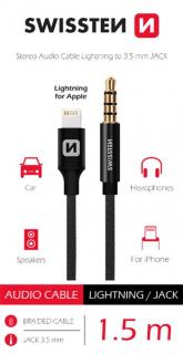 SWISSTEN audio adaptér Lightning/3,5 mm JACK (samec), textilní, 1,5 m, černý