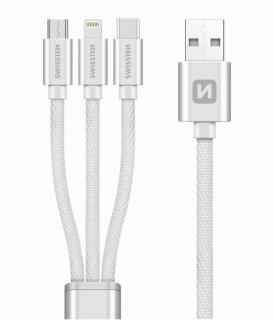 SWISSTEN datový kabel 3v1, MFi, 1,2 m, textilní, stříbrný