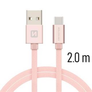 SWISSTEN datový kabel, USB/USB-C, textilní oplet, 2 m Barva kabelu: Růžovo-zlatá