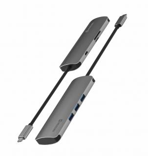 SWISSTEN hliníkový USB-C hub 6-in-1 (USB-C, PD, 3x USB 3.0, SD, micro SD)