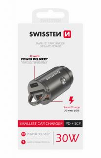 SWISSTEN NANO nabíječka do auta s Power Delivery USB-C + SuperCharge 3.0 30 W Barva: Stříbrná