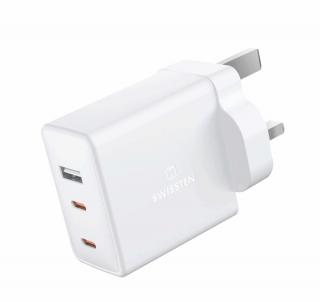 SWISSTEN Síťový adaptér GaN 2x USB-C + 1x USB 70W pro UK zásuvku