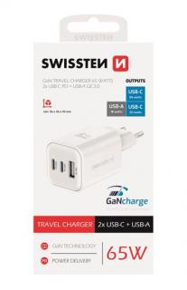 SWISSTEN Síťový adaptér GaN 2x USB-C 65W PD a 1x USB-A 18W QC Barva: Bílá