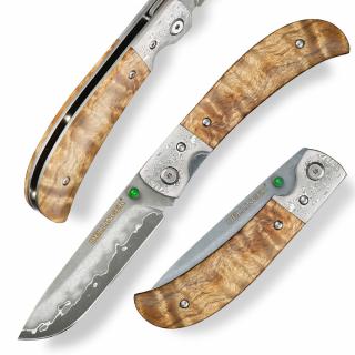 Lovecký zavírací damaškový nůž Dellinger Scorpion Maple Burl-Wood Flipper